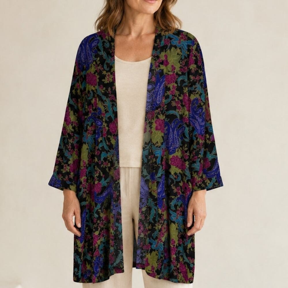 Whirlaway Frocks Shrug Jacket 2X Dark Artsy Floral Rayon Open Front